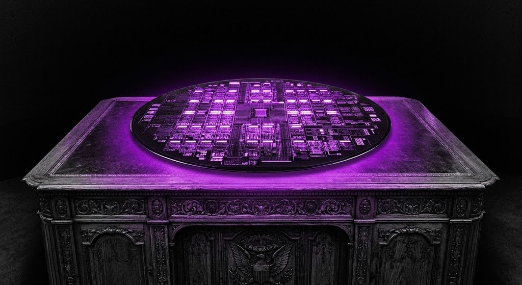 Composição em preto e branco de Jensen Huang em perfil sobreposto a um chip de silício, com trilhas de dados iluminadas em roxo, simbolizando o fim da pausa na IA.