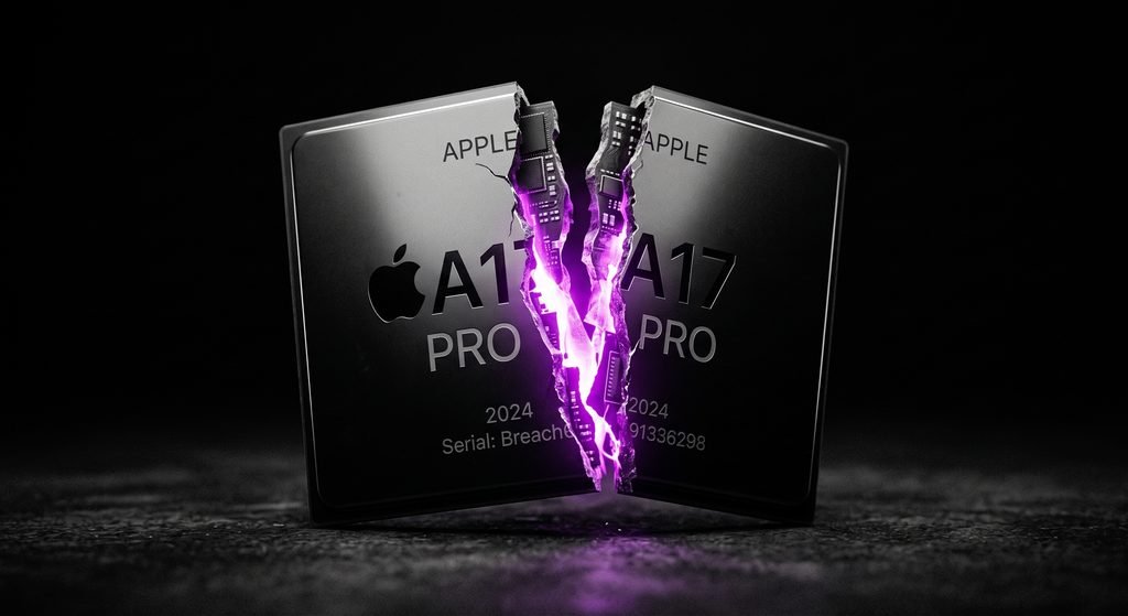 Placa de silício em tons escuros e alto contraste sendo fragmentada, expondo circuitos internos iluminados com um forte tom de roxo, representando a nova tecnologia dos ex-engenheiros da Apple.