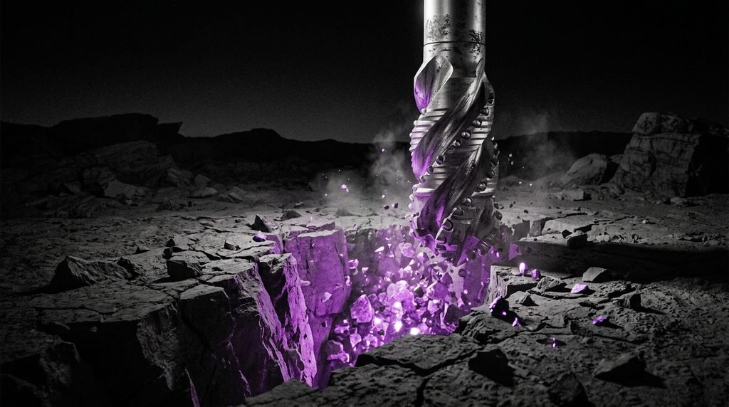 Fotografia conceitual em alto contraste preto e branco de uma monumental broca de perfuração em um deserto emitindo luzes roxas representando a startup Mazama Energy.