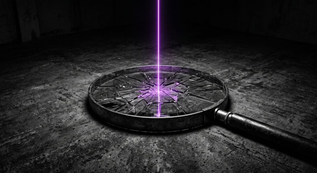 Composição em preto e branco de uma lupa estilhaçada, com feixes de dados de AEO iluminados em roxo fluindo para um servidor, simbolizando a startup Profound aniquilando o SEO.