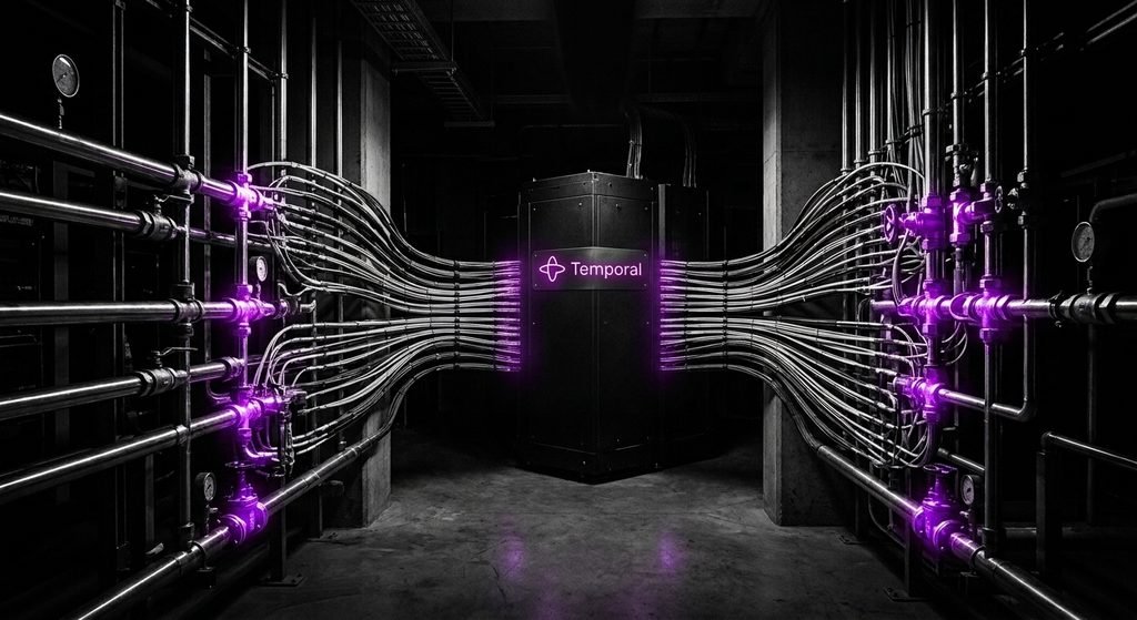 Composição fotográfica em alto contraste preto e branco de tubulações industriais e fibra óptica fluindo para um servidor escuro, com válvulas iluminadas em roxo elétrico, representando a infraestrutura da startup Temporal.